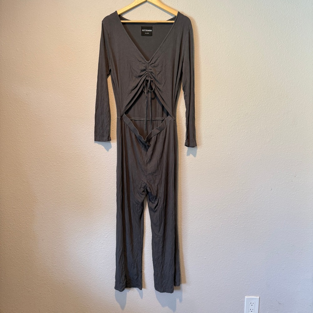 Kittenish Gray Ribbed Cutout Long Sleeve Wide Leg Jumpsuit XXL WJS1210J-K